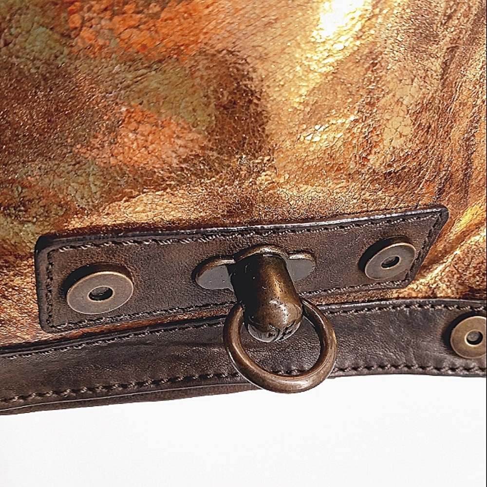 FRYE Cameron Metallic Gold, Copper & Brown Leather Small Satchel Crossbody Bag - Picture 6 of 15